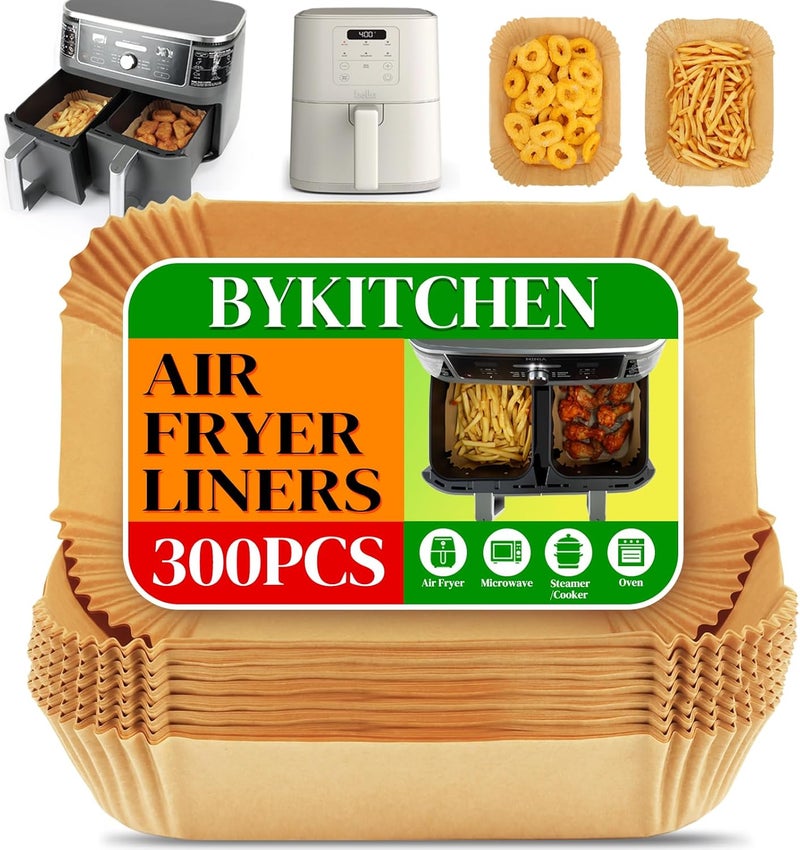 BYKITCHEN 300PCS Air Fryer Liners for Ninja Dual Airfryer, Rectangle Disposable Air Fryer Parchment Paper Compatible with Ninja DZ201/ DZ401/ DZ550, Bella Slim Airfryer &More, Air Fryer Accessories - Image 1